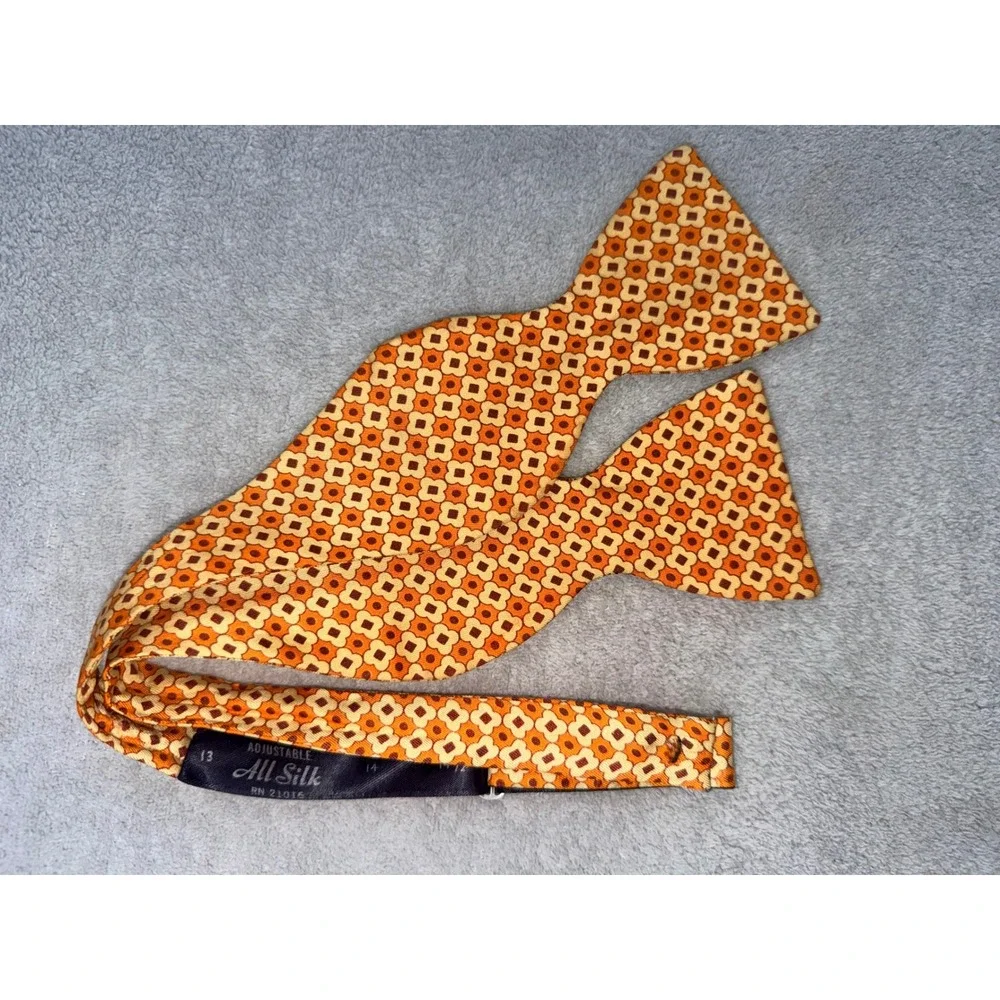 Vintage All Silk Self Tie Bow Tie Orange Yellow Geometric Floral Adjustable